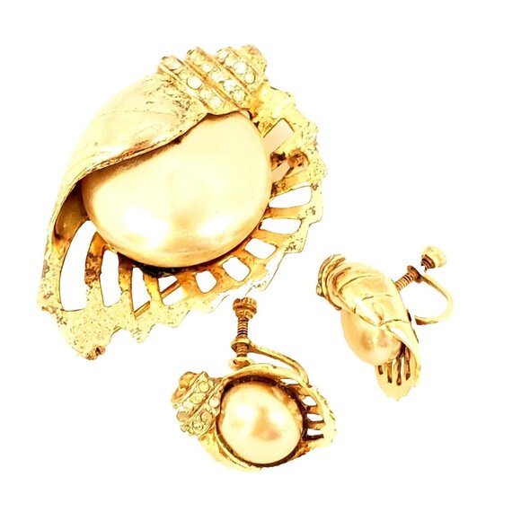 Marslieu Sterling Silver Gold Nautilus Shell Pearl Brooch Earring Set Signed VTG